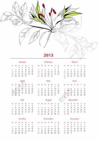典雅花朵白色2013年日历