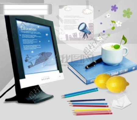 设计元素液晶电脑书本书籍柠檬桌面书签杯子钢笔画笔psd分层素材源文件09韩国设计元素