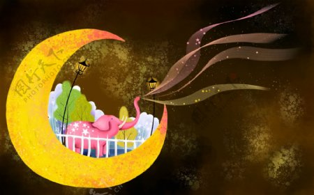 HanMaker韩国设计素材库背景卡通大象月亮可爱梦幻