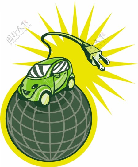 绿色的电动汽车在世界的顶端插头