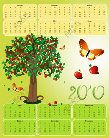的2010日历模板矢量树母校的蝴蝶蝴蝶主题材料