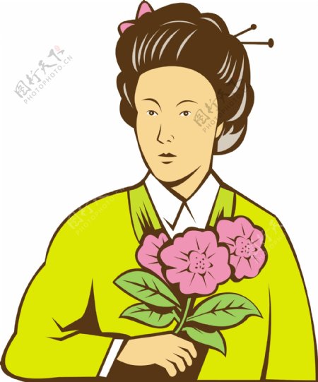 穿和服的日本女人拿着花