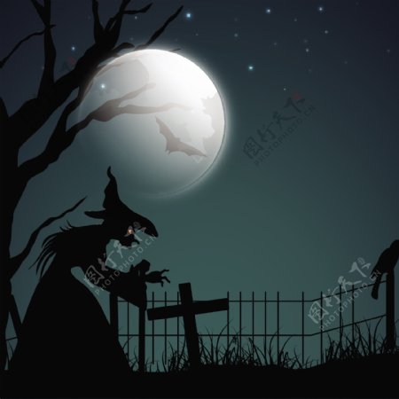 横幅或背景的幽灵般的夜晚与女巫万圣节派对