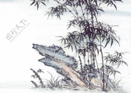 中国画石头与竹子