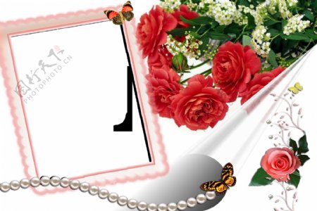 火戏玫瑰花与珍珠相框