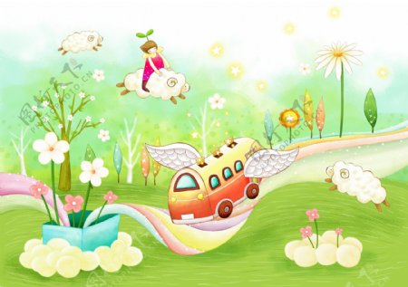 草地上的花朵绵羊和汽车