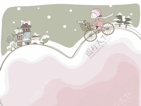雪天骑单车女孩淡彩手绘风格插画