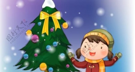 圣诞节的精神女孩围着圣诞树玩