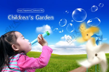孩子儿童女孩吹泡泡影骑韩国实用设计分层源文件PSD源文件