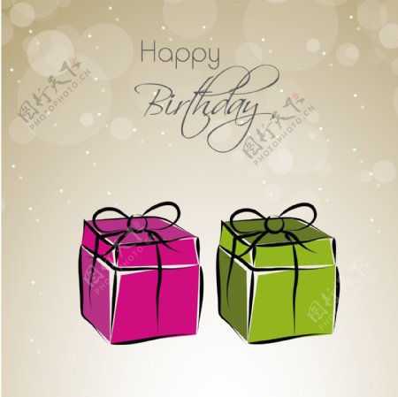 美丽的粉红色和绿色礼品盒上闪亮的背景生日庆祝聚会