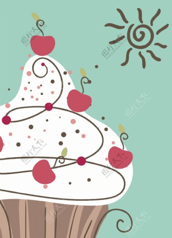 樱桃奶油蛋糕太阳简约手绘画插画