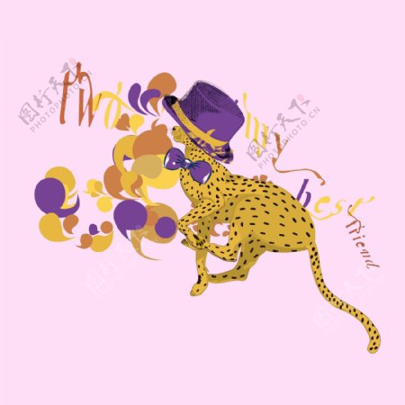 印花矢量图T恤图案图文结合动物豹子免费素材