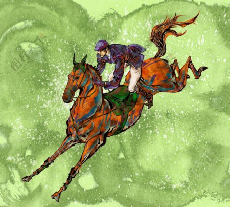 绿色背景骑马的人psd图