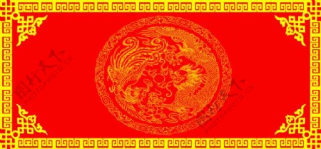 大红金色中国风边框龙凤图画布