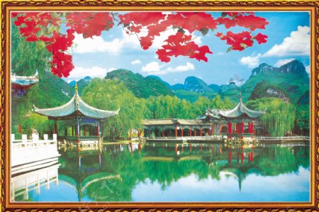 中式建筑自然风景中堂画