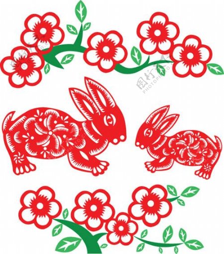 矢量新年兔子花朵剪纸素材