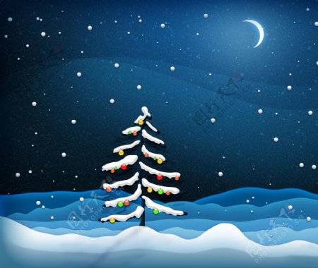位图冬天雪花圣诞树月亮免费素材