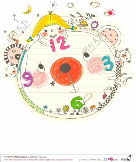 韩国可爱线描时钟矢量图