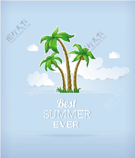 太阳与海云的棕榈树岛夏季矢量插画