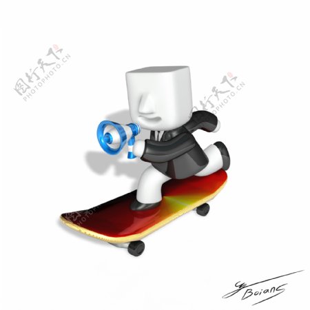 3D模型小人踏着滑板拿着喇叭在说话