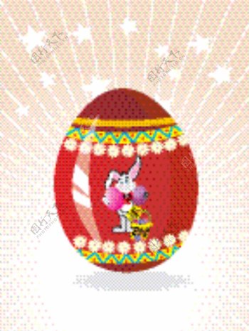 红蛋背景的兔子拿两个鸡蛋