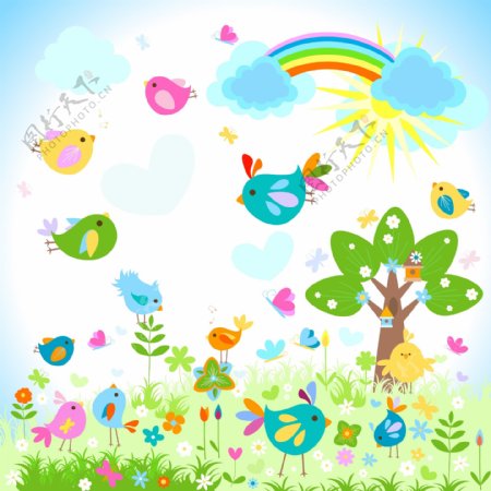 可爱小鸟绿树草地春天背景图片