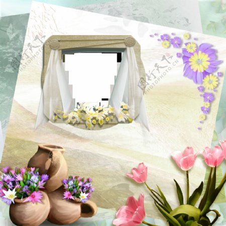 花朵陶罐窗户相框图片