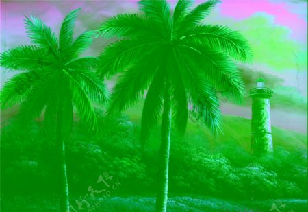 椰树油画图片