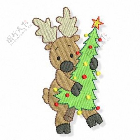 绣花动物麋鹿圣诞树家纺免费素材