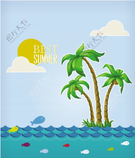 夏天的太阳矢量插图的鱼云的棕榈树岛的天空