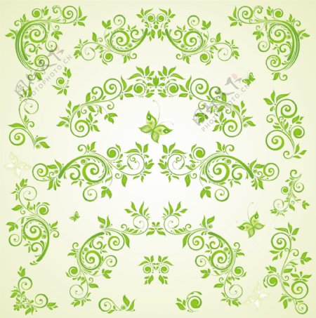 绿色欧式花纹蝴蝶矢量素材