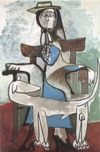 1959Jacquelineetlechienafghan西班牙画家巴勃罗毕加索抽象油画人物人体油画装饰画
