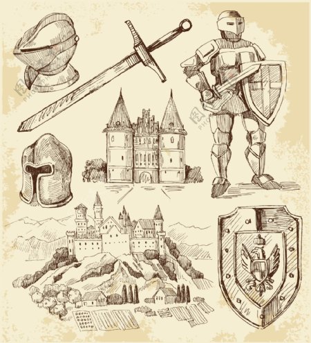 精美欧洲古堡与骑士矢量素材