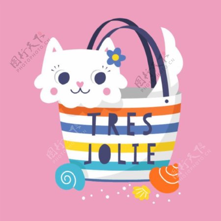 印花矢量图可爱卡通动物猫篮子免费素材