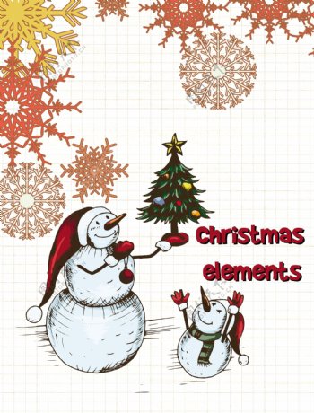 圣诞节插画矢量与雪人圣诞树