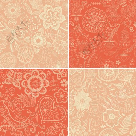 四集花卉图案无缝平铺无缝模式可用于墙纸