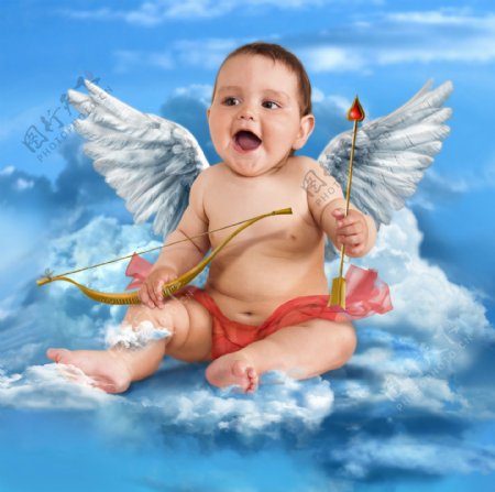 坐在云彩中拿着弓箭的天使婴儿宝宝图片