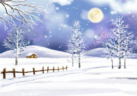 唯美下雪天风景漫画卡通图图片