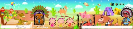 印第安卡通女孩树骆驼小鸟乌鸦卡通猪猴子狗狗星星白云仙人掌图片