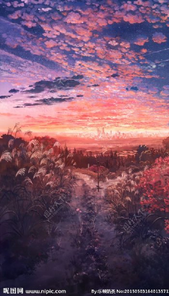 草原夕阳手绘图片