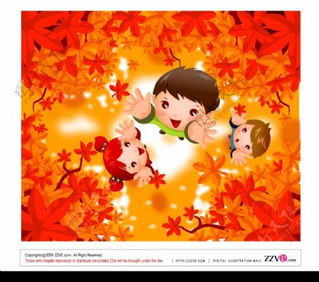 红枫叶下的儿童图片