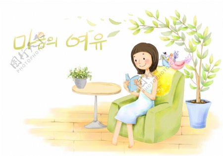 韩国手绘风清新少女在沙发上看书图片