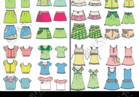 40套儿童女性时尚衣服裤子裙子背心等正反矢量图片