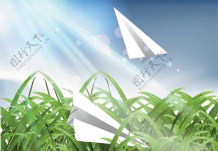 纸飞机草阳光蓝天矢量素材图片