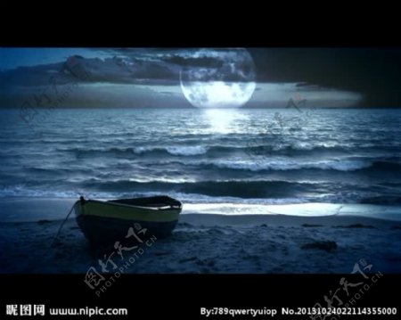 夜晚海岸小船月光视频