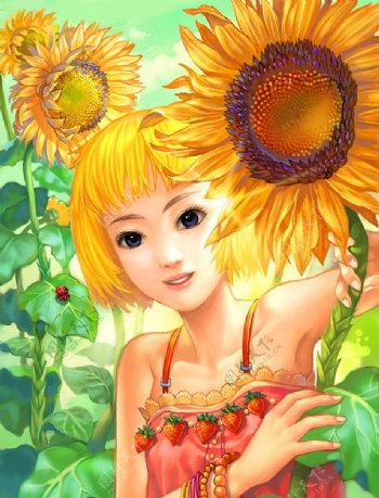 手绘葵花丛中的少女图片