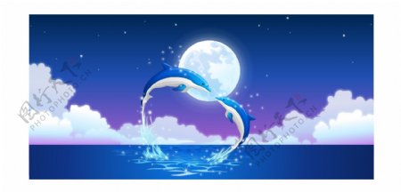月光下的海豚矢量图背景图片