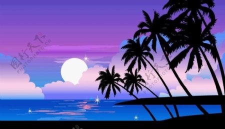 椰岛夜色矢量背景图片