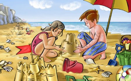 手绘卡通海边沙滩玩耍的儿童图片