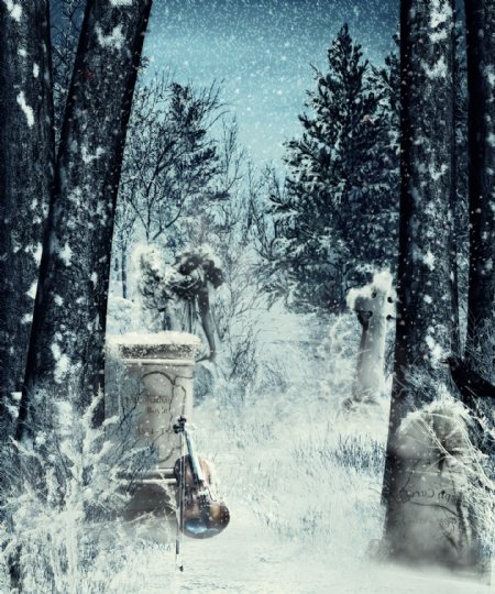 冬季魔法森林大提琴白雪图片